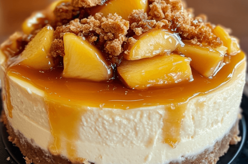 The Ultimate Vanilla Bean Cheesecake with Peach Cobbler and Caramel Drizzle
