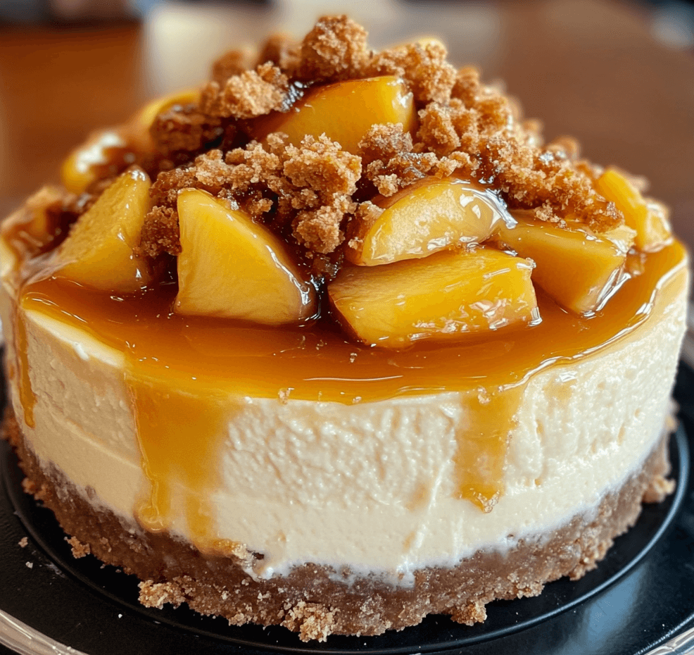 The Ultimate Vanilla Bean Cheesecake with Peach Cobbler and Caramel Drizzle