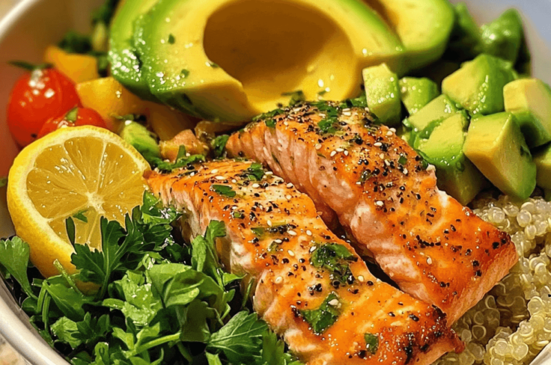 Easy Lemon Herb Salmon and Avocado Quinoa Bowl Recipe 