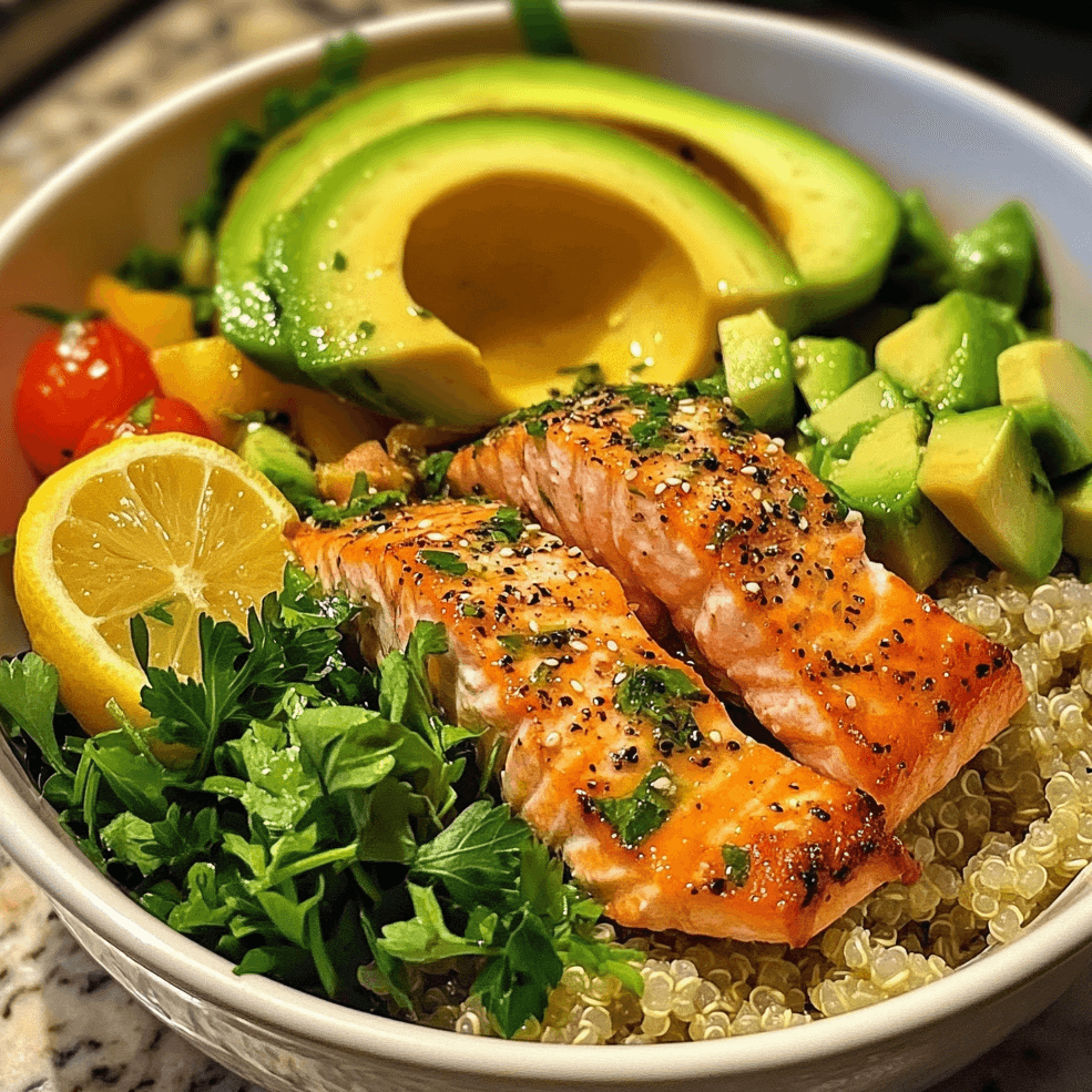 Easy Lemon Herb Salmon and Avocado Quinoa Bowl Recipe 
